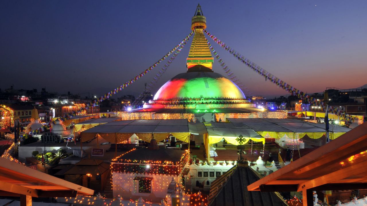 A purification ritual gets underway at the newly reconstructed Boudhanath stupa in Kathmandu. The iconic Buddhist temple was partially destroyed in a series of earthquakes that rocked Nepal last year.<br />