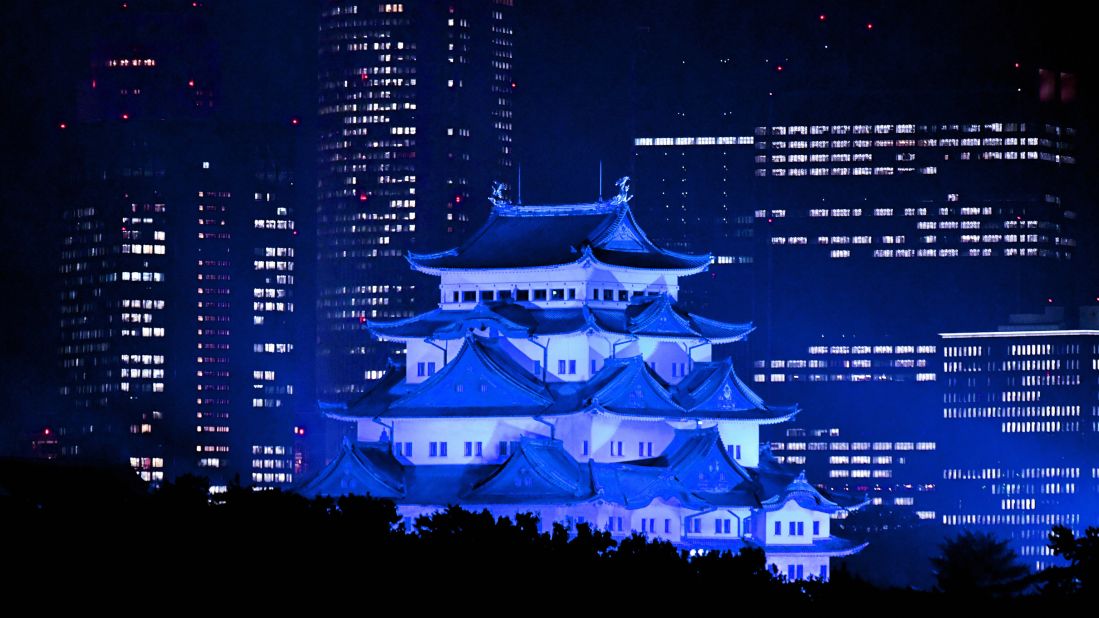Nagoya Castle in Japan is illuminated in blue to mark World Diabetes Day on November 14, 2016.<br />