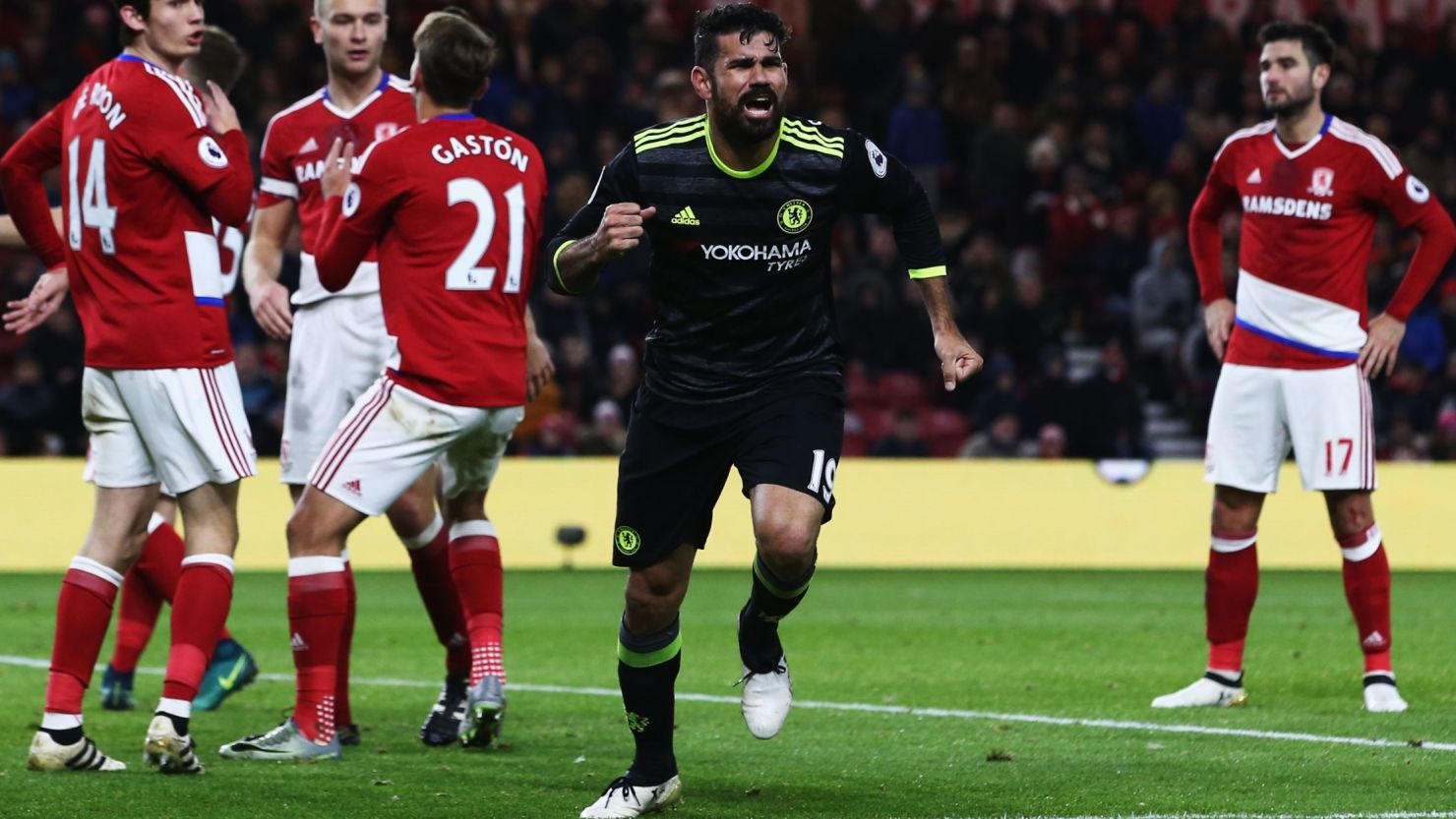 Diego Costa celebrates scoring Chelsea's winner against Middlesbrough.