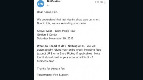 Kanye West fans who attended Saturday night's show in Sacramento received this email on Sunday