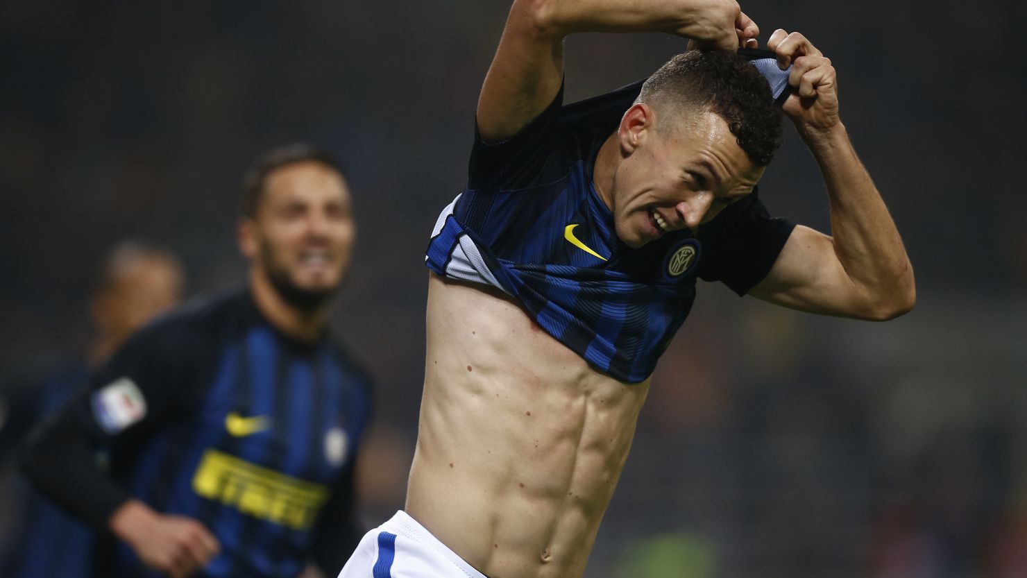 Ivan Perisic celebrates his late equalizer for Inter in the Milan Derby.