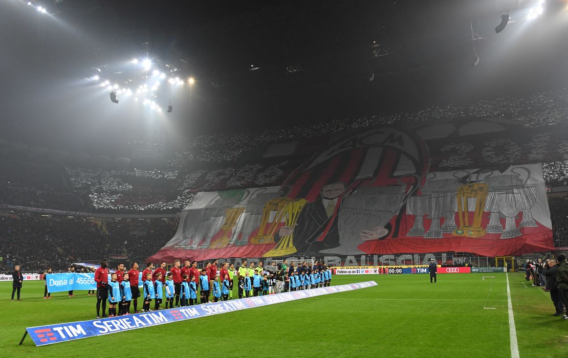 AC Milan fans unveil display honoring current owner Silvio Berlusconi.