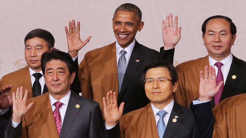 US President Barack Obama, center, poses for a group photograph Sunday, November 20, at the summit of the Asia-Pacific Economic Cooperation. The summit was held in Lima, Peru. Joining Obama in this photo, from left, are Thai Deputy Prime Minister Prajin Juntong, Japanese Prime Minister Shinzo Abe, South Korean Prime Minister Hwang Kyo-ahn and Vietnamese President Tran Dai Quang. Obama is on <a href="index.php?page=&url=http%3A%2F%2Fwww.cnn.com%2F2016%2F11%2F14%2Fpolitics%2Fobama-trip-greece-germany-peru%2Findex.html" target="_blank">his last international trip as president.</a> He made earlier stops in Greece and Germany.