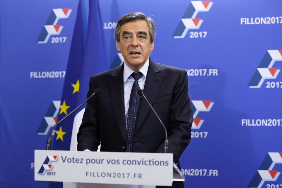 Francois Fillon delivers a speech at his campaign headquarters on November 20, 2016.