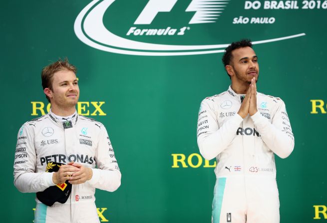 The Mercedes rivals share the podium at Interlagos as Hamilton dominates a rain-hit thriller to claim his first <a href="index.php?page=&url=http%3A%2F%2Fedition.cnn.com%2F2016%2F10%2F30%2Fmotorsport%2Fmotorsport-mexico-gp-hamilton-rosberg%2Findex.html" target="_blank">Brazilian Grand Prix</a> victory ahead of Rosberg. The result sends the title race down to the wire in Abu Dhabi. 