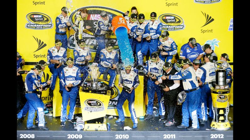 NASCAR driver Jimmie Johnson is doused with Gatorade after winning his seventh Sprint Cup title on Sunday, November 20. Johnson ties Richard Petty and Dale Earnhardt for the most championships on NASCAR's top circuit.