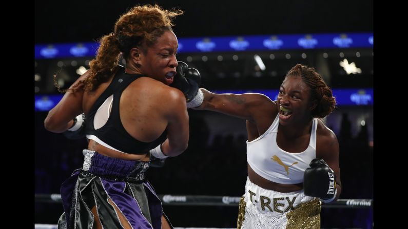 Claressa Shields lands a right hand against Franchon Crews during their super-middleweight bout in Las Vegas on Saturday, November 19. Shields, a two-time Olympic gold medalist making her pro debut, won by unanimous decision.