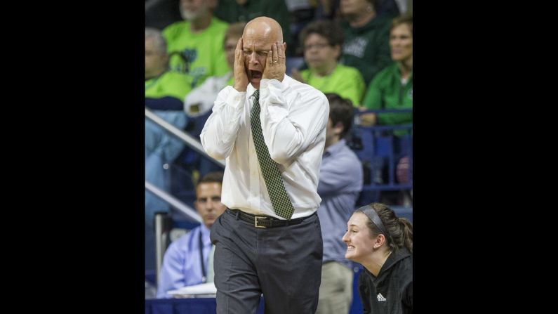 Green Bay basketball coach Kevin Borseth reacts to one of his team's turnovers at Notre Dame on Thursday, November 17.
