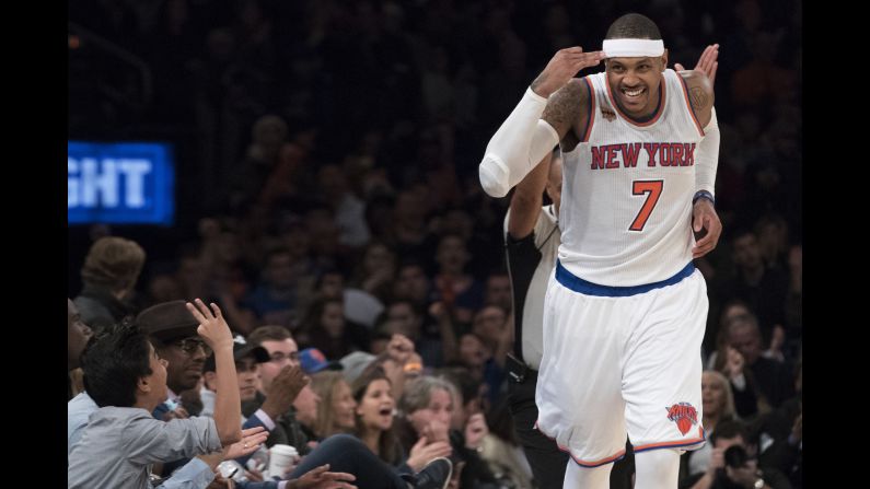 New York forward Carmelo Anthony reacts after hitting a 3-pointer against Atlanta on Sunday, November 20. Anthony scored 31 points as the Knicks won their fourth straight home game.