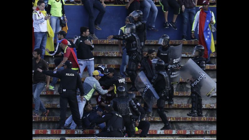 Venezuela soccer fans clash with police during a World Cup qualifier in Quito, Ecuador, on Tuesday, November 15.