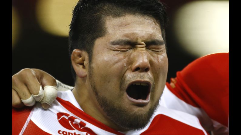 Japanese rugby player Shunsuke Nunomaki cries during his country's national anthem, which was played before Japan faced Wales on Saturday, November 19.