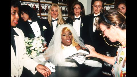 Rodman wears a wedding gown to a book signing in 1996. He had just released his memoir "Bad as I Wanna Be."