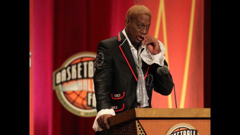 Rodman cries during his Hall of Fame speech in 2011. "I didn't play the game for the money," he said. "I didn't play to be famous. What you see here is just an illusion; I just love to be an individual that's very colorful."