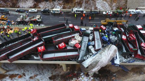 Aerial view of damaged vehicles after the pile-up on the Beijing--Kunming Expressway in north China's Shanxi province.