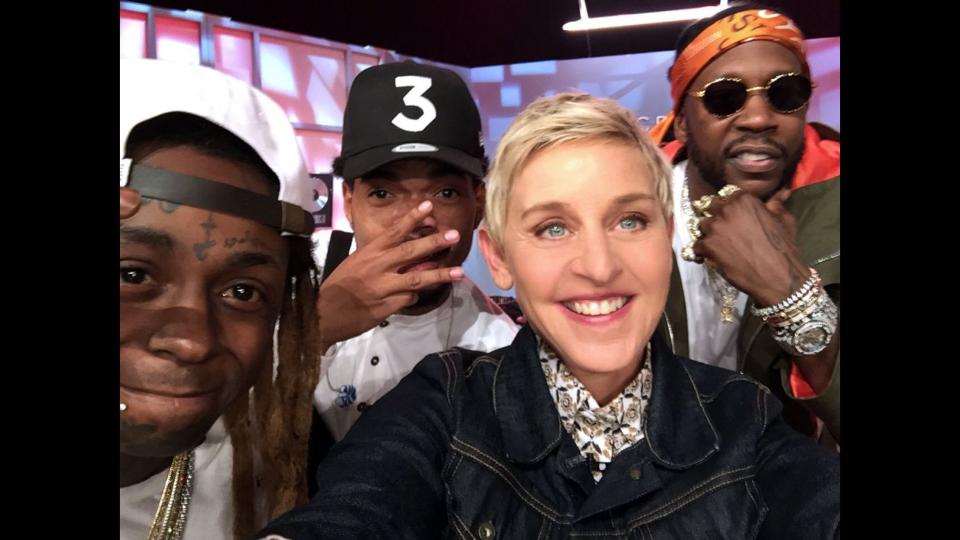 Talk-show host Ellen DeGeneres <a href="https://twitter.com/TheEllenShow/status/776560354910318592" target="_blank" target="_blank">tweeted the hashtag "#SquadGoals"</a> as she took a selfie with, from left, rappers Lil Wayne, Chance the Rapper and 2 Chainz on Thursday, September 15.