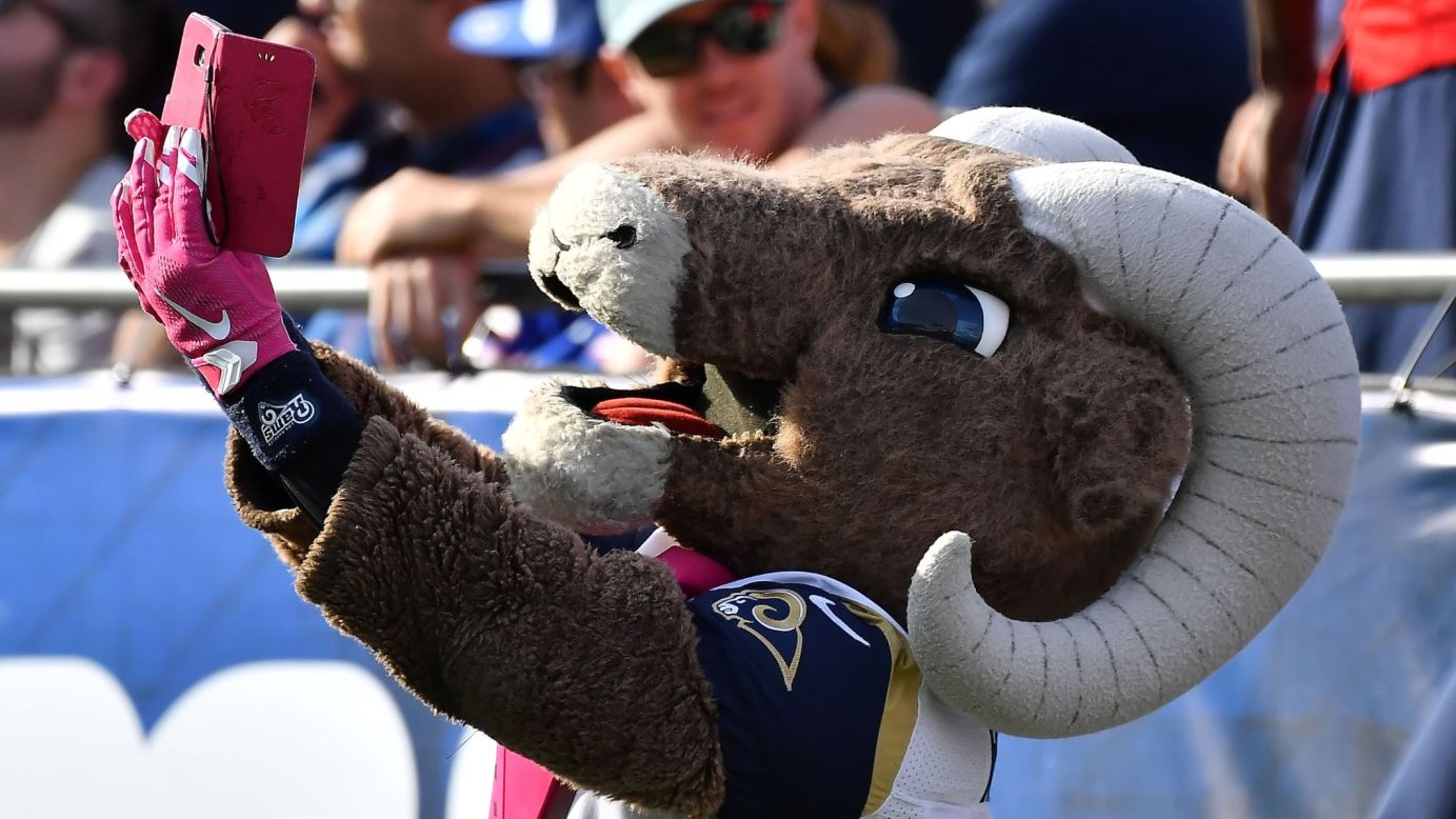 Rampage, the mascot of the NFL's Los Angeles Rams, takes a selfie during the team's home game against Buffalo on Sunday, October 9. The Rams moved from St. Louis earlier this year.