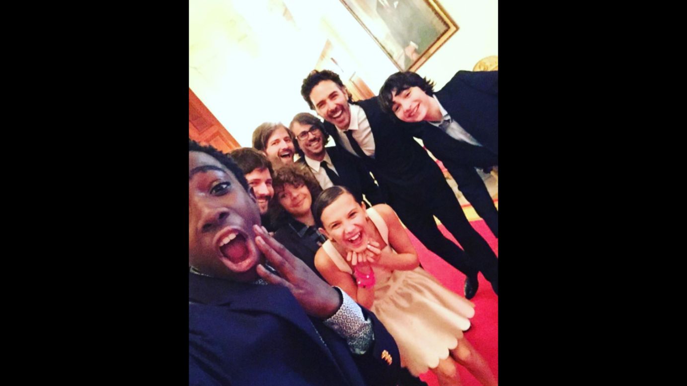 Actor Caleb McLaughlin, left, takes a photo with other cast members of "Stranger Things" as they visit the White House on Tuesday, October 4. <a href="https://www.instagram.com/p/BLJwwPiDsLP/" target="_blank" target="_blank">He posted it to Instagram</a> with the caption: "60 seconds after meeting the President." 