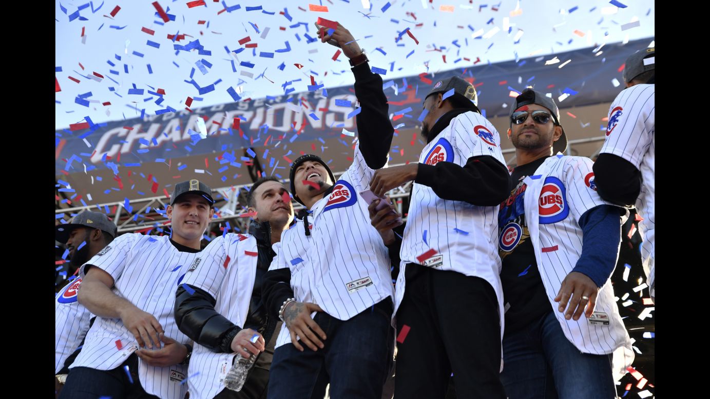 Members of the Chicago Cubs take a selfie together during their World Series victory parade on Friday, November 4. The Cubs hadn't won the World Series since 1908.