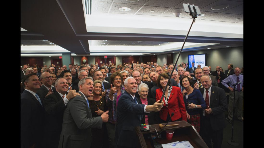 US Vice President-elect Mike Pence uses a selfie stick for a photo with House Republicans on Thursday, November 17. <a href="https://twitter.com/HouseGOP/status/799280212441702405" target="_blank" target="_blank">The House GOP tweeted it</a> with the caption "UNIFIED."