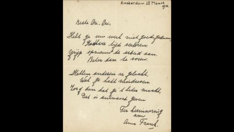 A poem written by Anne Frank signed and dated Amsterdam, March 28, 1942 sold at auction for 140,000 euros ($148,000). 