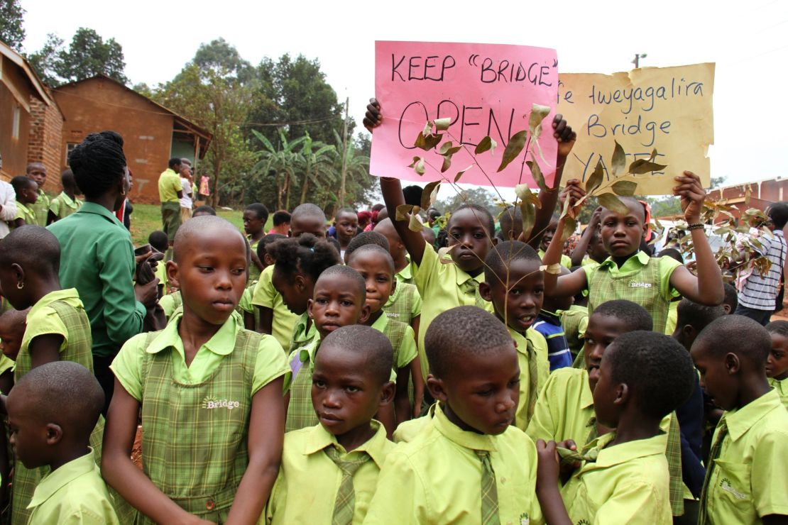 Pupils from Bridge International Academies protest after Uganda's High Court ordered the closure of its low-cost private schools.