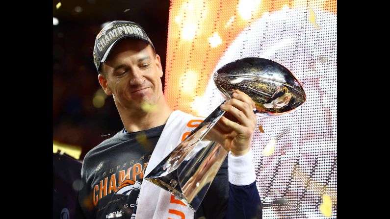 Peyton Manning holds the Vince Lombardi Trophy after the Denver Broncos <a href="index.php?page=&url=http%3A%2F%2Fwww.cnn.com%2F2016%2F02%2F07%2Fus%2Fgallery%2Fsuper-bowl-50-photos%2Findex.html" target="_blank">won Super Bowl 50</a> on Sunday, February 7. Manning, <a href="index.php?page=&url=http%3A%2F%2Fwww.cnn.com%2F2016%2F02%2F08%2Fus%2Fgallery%2Fpeyton-manning%2Findex.html" target="_blank">who retired after the season,</a> is the first starting quarterback to win a Super Bowl with two different teams. He also won with the Indianapolis Colts in 2007.