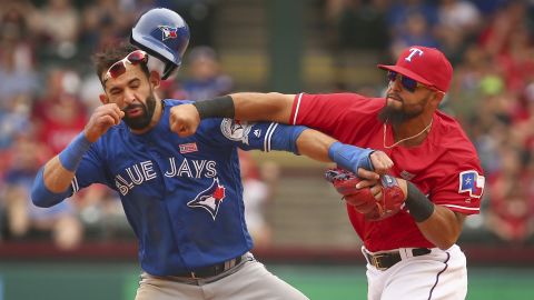 Texas second baseman Rougned Odor, right, punches Toronto outfielder Jose Bautista during a Major League Baseball game in Arlington, Texas, on Sunday, May 15. The confrontation, <a href="http://bleacherreport.com/articles/2640341-jose-bautista-rougned-odor-and-more-ejected-after-blue-jays-vs-rangers-brawl" target="_blank" target="_blank">which sparked a bench-clearing brawl,</a> came after the base-running Bautista slid hard into second to try to break up a double play. Both players were ejected, as were several others involved in the brawl afterward.