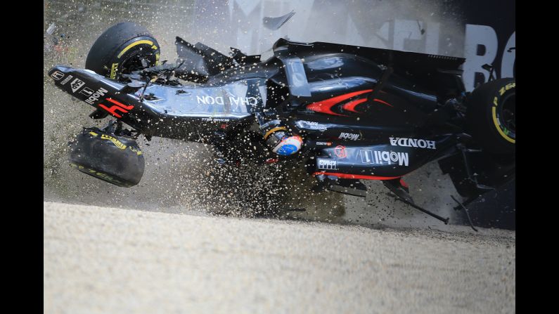 Fernando Alonso crashes into a wall during the Australian Grand Prix on Sunday, March 20. Alonso was going 200 mph at the time of the crash, but <a href="index.php?page=&url=http%3A%2F%2Fwww.cnn.com%2F2016%2F03%2F21%2Fmotorsport%2Ffernando-alonso-australian-grand-prix-crash%2Findex.html" target="_blank">he emerged unscathed.</a> "I am lucky to be here and thankful to be here. It was a scary moment and a scary crash," he said.