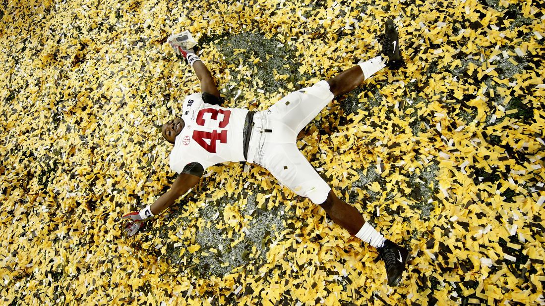 Lawrence Erekosima celebrates in the confetti after Alabama won the championship game of the College Football Playoff on Monday, January 11. Alabama defeated Clemson 45-40 for its fourth national title in seven years.