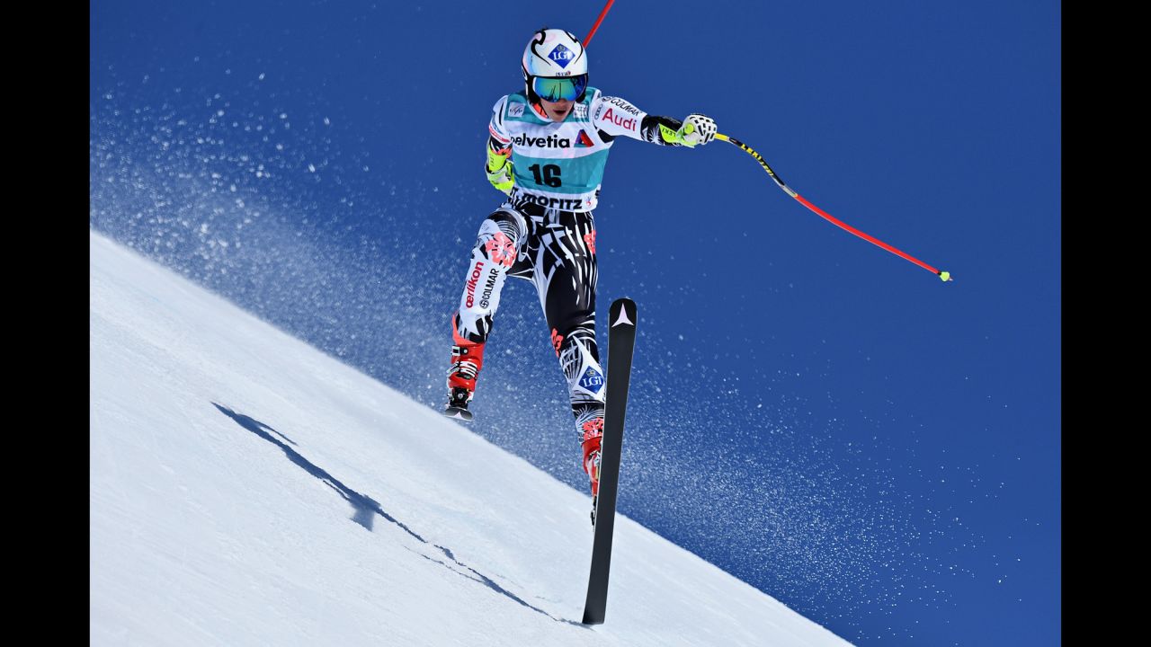 Tina Weirather, a skier from Liechtenstein, races during the World Cup event in St. Moritz, Switzerland, on Thursday, March 17. She finished first in the super-G -- her second World Cup victory of the season.