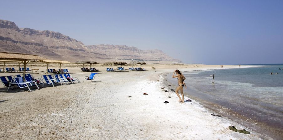 One of the most famous salt lakes in the world, the Dead Sea is a popular tourist site. This shot shows a section of the sea in the Jordan Valley.