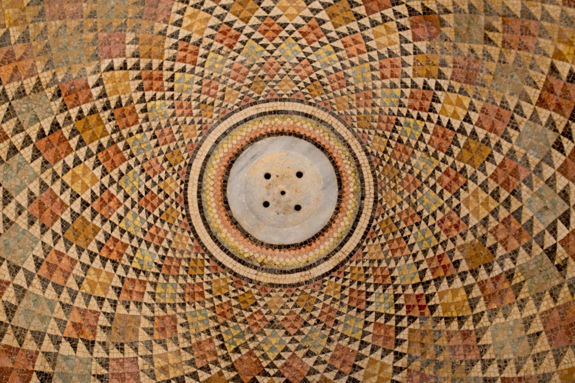 A part of the mosaic at Hisham's Palace features a circular pattern.