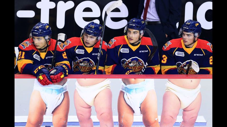 Several Erie Otters sit on the bench during an Ontario Hockey League game on Thursday, October 6.