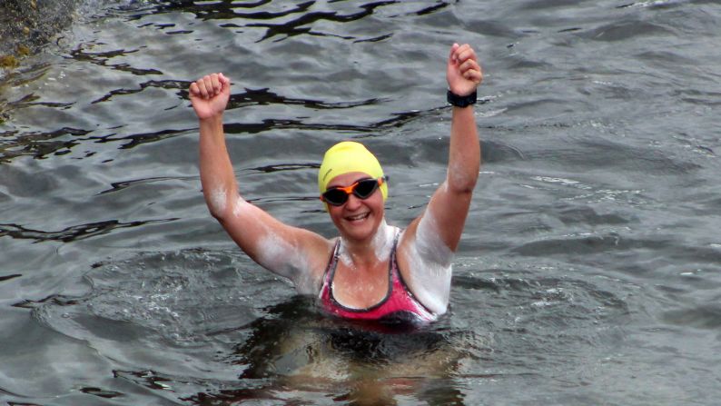 Heather Clatworthy celebrates Wednesday, July 27, after she became the first swimmer in nearly 90 years to cross a 13-mile stretch of sea off Ireland's north coast. <a href="index.php?page=&url=https%3A%2F%2Fwww.swimmingworldmagazine.com%2Fnews%2Fheather-clatworthy-becomes-first-to-swim-moville-to-portstewart-since-1929%2F" target="_blank" target="_blank">She swam from Moville to Portstewart</a> in four hours and 15 minutes.