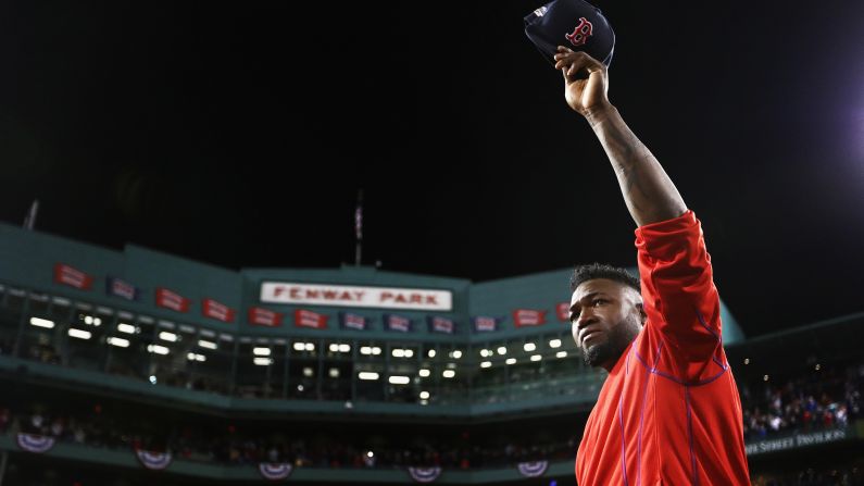 Retiring baseball star David Ortiz tips his cap to the home fans in Boston after playing his final game on Monday, October 10. Ortiz and the Red Sox were swept by Cleveland in the American League playoffs. <a href="index.php?page=&url=http%3A%2F%2Fwww.cnn.com%2F2015%2F12%2F03%2Fsport%2Fgallery%2Fsports-pictures-2015%2Findex.html" target="_blank">See 75 amazing sports photos from 2015</a>
