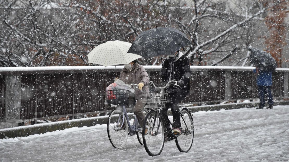 The country's weather agency warned about slippery pavements and roads