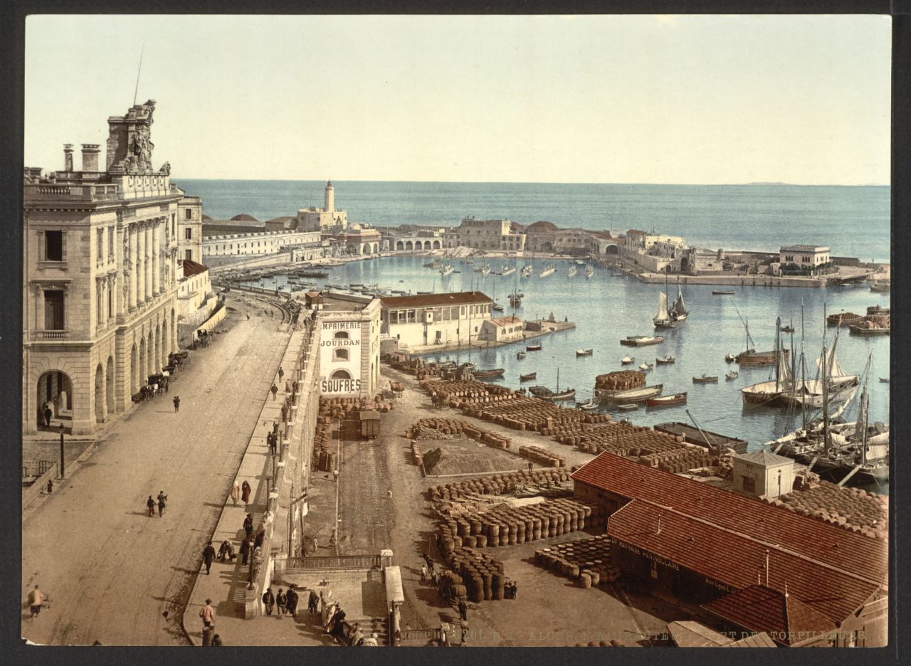 The harbor and admiralty, Algiers, Algeria. The printing process of photochroms was efficient and could produce hundreds of thousands of copies from a single negative. A 7x9 inch photochrom cost approximately 35 cents at the turn of the 20th century.