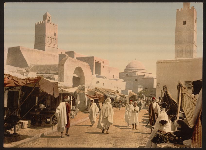A mosque in, Kairwan, Tunisia. Chopin says that the photochroms show a tale of two cities, with indigenous and colonial classes rarely meeting.