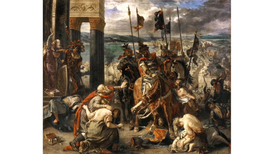 Huddled before the future Emperor Baldwin IX, three citizens (including a small child) plead for mercy. "The crusade was primarily a French undertaking, yet (French painter) Delacroiz presents an empathetic view of the Byzantine citizens who have suffered," Hodge writes. 