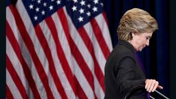 TOPSHOT - US Democratic presidential candidate Hillary Clinton steps down a staircase after making a concession speech following her defeat to Republican President-elect Donald Trump, in New York on November 9, 2016. / AFP / JEWEL SAMAD        (Photo credit should read JEWEL SAMAD/AFP/Getty Images)
