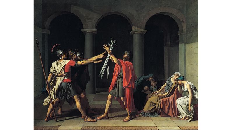 The neoclassical "Oath of the Horatii" depicts three Roman brothers saluting their father, who's holding their swords, before going off to fight rivals from Alba Longa. In their shadow, their mother huddles around her grandchildren. <br /><br />"The older boy cannot refrain from peeping out in awe at the men and their glittering swords -- demonstrating that to lay down one's life for one's country is honorable and something for which all men should be prepared to fight, even from a young age," Hodge writes. 