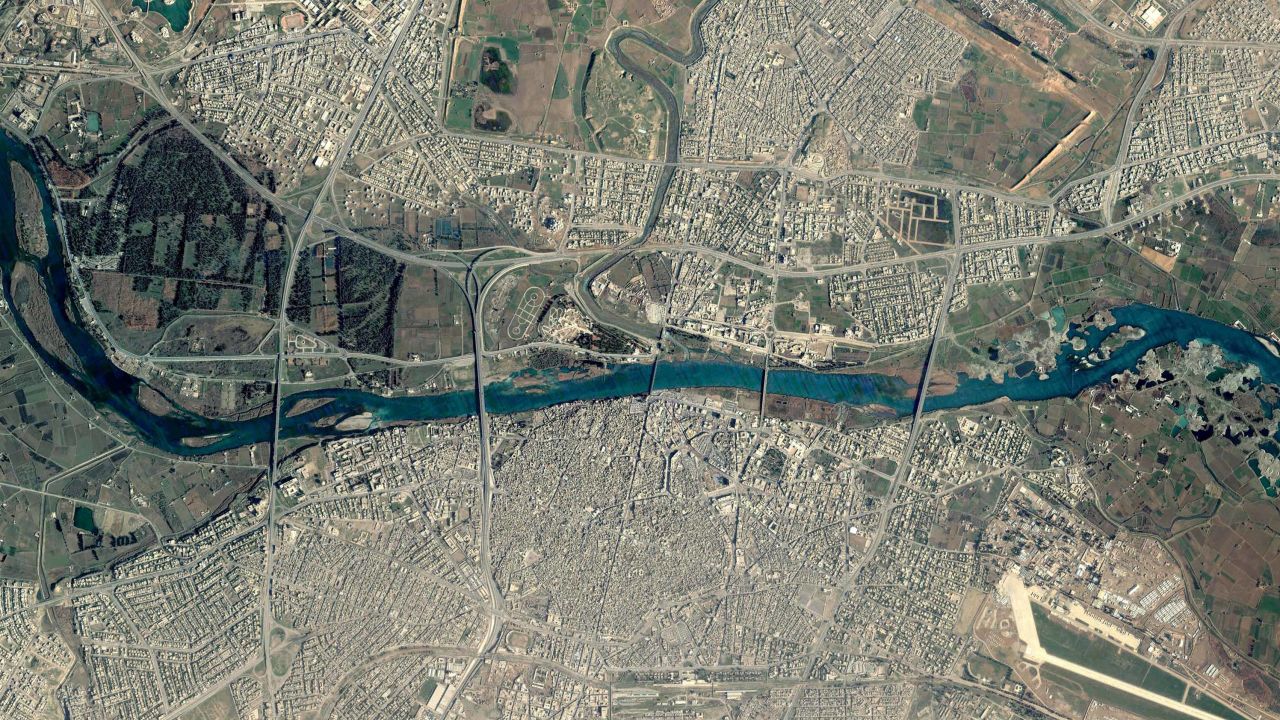 A Google Earth satellite image taken before the operation shows Mosul's five bridges spanning the Tigris River.