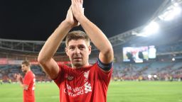Former Liverpool football star Steven Gerrard applauds the fans after playing for Liverpool Legends against Australian Legends in an exhibition football game at the ANZ Stadium in Sydney on January 7, 2016. AFP PHOTO / Peter PARKS    IMAGE STRICTLY FOR EDITORIAL USE - STRICTLY NO COMMERCIAL USE / AFP / PETER PARKS        (Photo credit should read PETER PARKS/AFP/Getty Images)