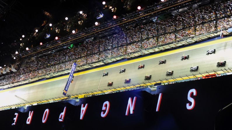 Formula One drivers line up at the start of the Singapore Grand Prix on Sunday, September 18.