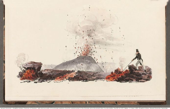 Canadian-British geologist John Auldjo published his 1831 lithographs of Mount Vesuvius with vivid accounts of his experiences there. "My own face was scorched, my lips much swollen, and my eyes inflamed; but this was the sole inconvenience I experienced," he wrote. 