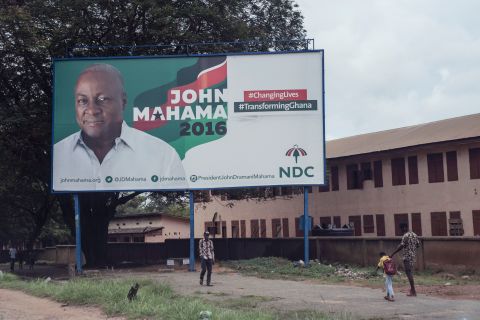 President Mahama and Akufo Addo's 2016 campaigns featured specific promises to the regions they visited -- such as creation of additional administrative regions and districts -- according to CDD-Ghana. <br /><br />Pictured: President Mahama's campaign billboard in the streets of Accra. 