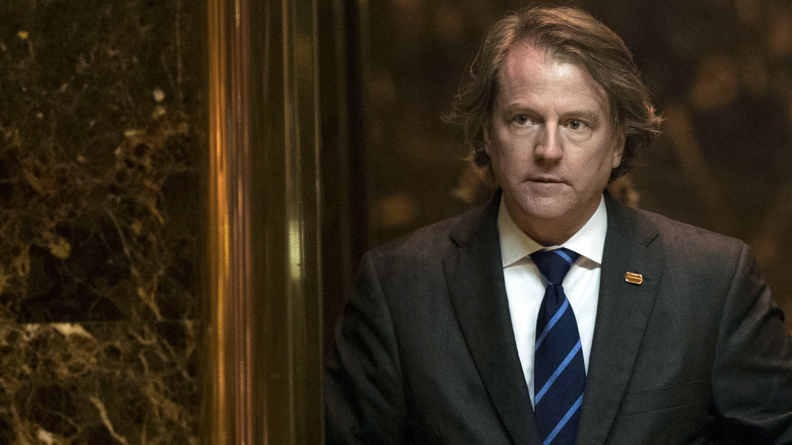 Don McGahn, general counsel for the Trump transition team, gets into an elevator in the lobby at Trump Tower, November 15, in New York City.  