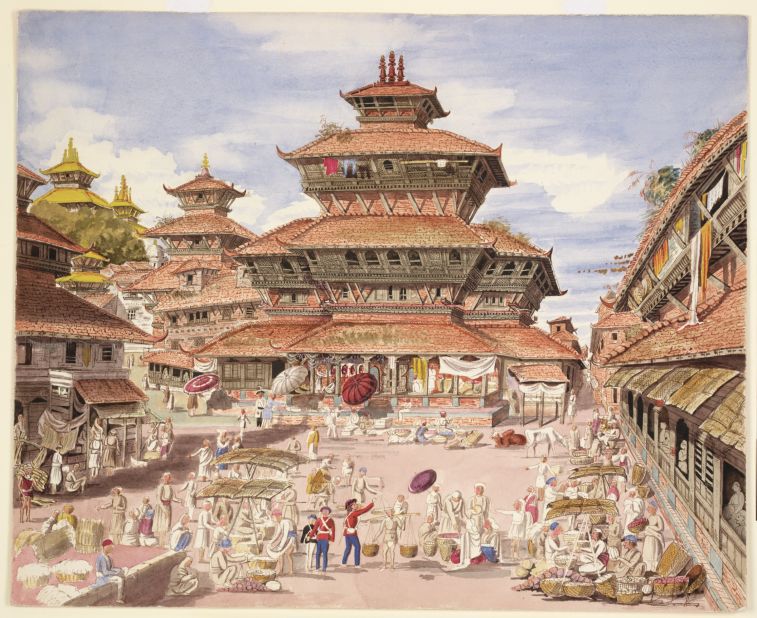 Henry Oldfield, a British surgeon, traveled to Asia as part of the Indian Army Medical Service in 1846, and was dispatched to Kathmandu, Nepal. Here he captures both the eye-catching architecture and quotidian life outside the Dhunsar court of law in Kathmandu. 