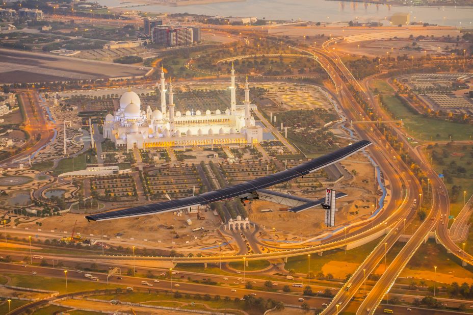 The plane soars above Abu Dhabi on a test flight. It began its circumnavigation on March 9th 2015 and completed the journey on 26th July 2016.