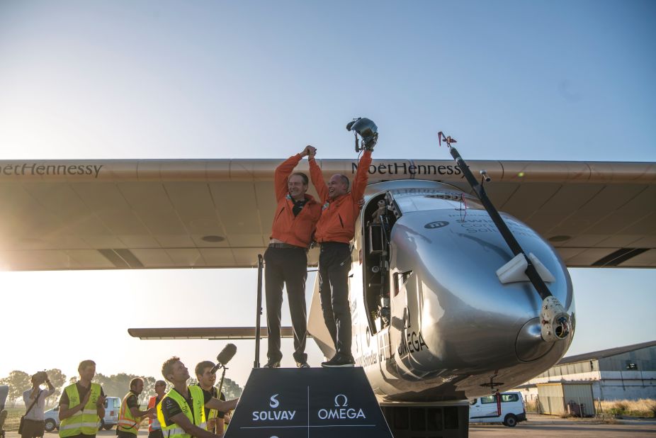 Just a month away from completing the journey, the pilots celebrate landing in Seville, Spain, after a three-day crossing of the Atlantic. Solar Impulse 2 was the first solar-powered plane to cross the Atlantic Ocean, recording the greatest distance traveled (5,739km) and highest altitude reached (8,535m) by a solar plane in the process.